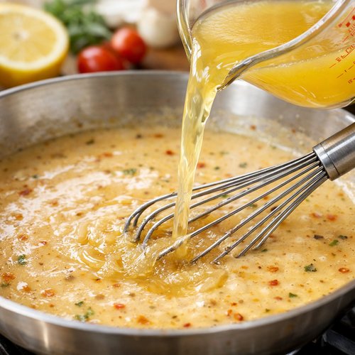 Step 6: Build Your Sauce with Broth, Wine, and Cream